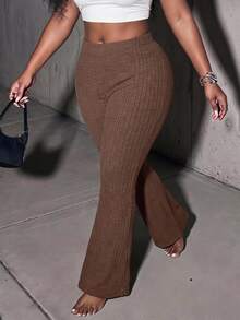 Slaydiva Plus Size Elastic Waist Loose Casual Flare Pants, Suitable For Autumn And Summer - Rust Brown - View 2