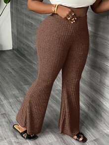 Slaydiva Plus Size Elastic Waist Loose Casual Flare Pants, Suitable For Autumn And Summer - Rust Brown - View 5