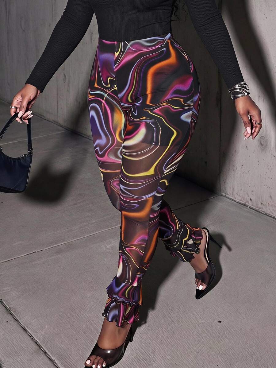 Slaydiva Streetwear Casual See-Through Rainbow Wave Striped Double-Layered Ruffle Trim Design Plus Size Women Skinny Pants - Multicolor - View 1