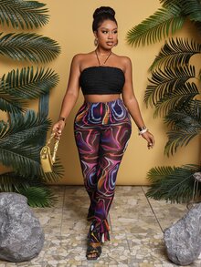 Slaydiva Streetwear Casual See-Through Rainbow Wave Striped Double-Layered Ruffle Trim Design Plus Size Women Skinny Pants - Multicolor - View 7