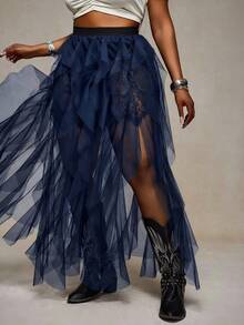 Slaydiva Navy Blue,Summer,Boho,R And B,Concert Elastic Waist Sheer Skirt For Music Festivals,Western Nashville,Birthday,Graduation,Students,Vacation,Beach Wear - Royal Blue - View 7