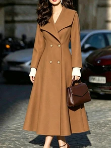 Elenzga Elegant Double-Breasted Overcoat For Autumn/Winter - Camel - View 3