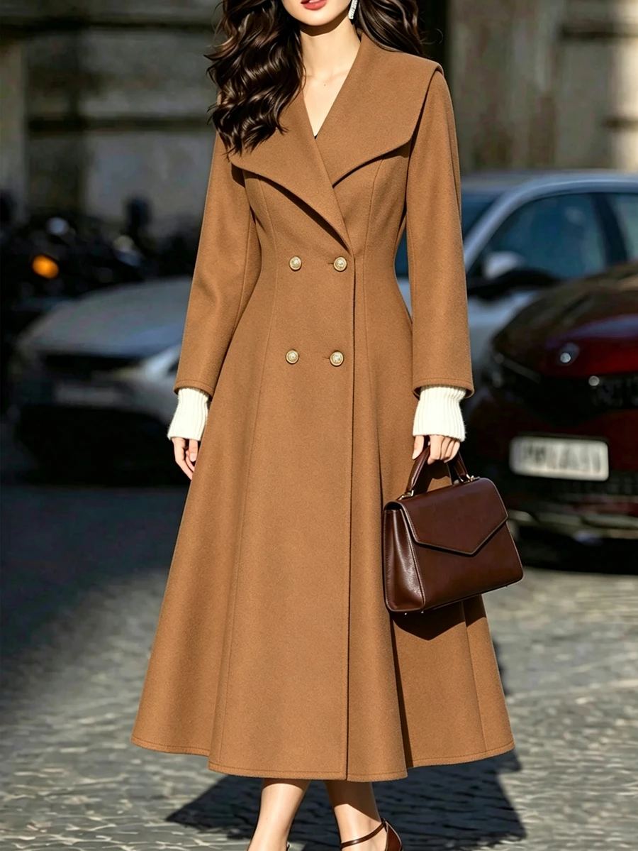 Elenzga Elegant Double-Breasted Overcoat For Autumn/Winter - Camel - View 1
