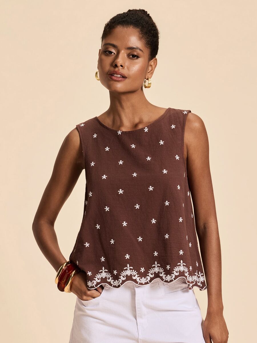 Travachic Women's Floral Embroidered Round Neck Sleeveless Casual Top - Brown - View 1