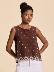 Travachic Women's Floral Embroidered Round Neck Sleeveless Casual Top - Brown - View 4
