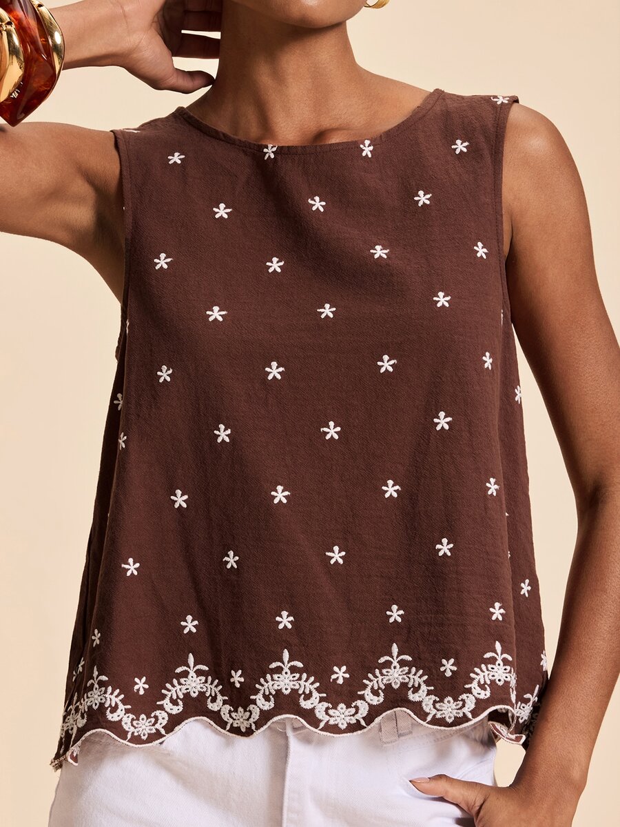 Travachic Women's Floral Embroidered Round Neck Sleeveless Casual Top - Brown - View 1