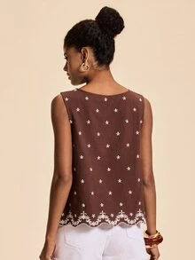 Travachic Women's Floral Embroidered Round Neck Sleeveless Casual Top - Brown - View 2
