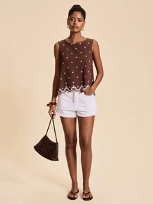 Travachic Women's Floral Embroidered Round Neck Sleeveless Casual Top - Brown - View 3