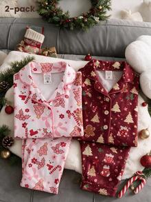 Young Autumn/Winter Girl Christmas Pajamas Tree Gingerbread Man Bow 2pcs Knitted Button-Down Long Sleeve Pants Allover Print Flame Resistant Set - Pink - View 1