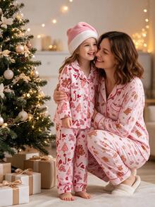 Young Autumn/Winter Girl Christmas Pajamas Tree Gingerbread Man Bow 2pcs Knitted Button-Down Long Sleeve Pants Allover Print Flame Resistant Set - Pink - View 10
