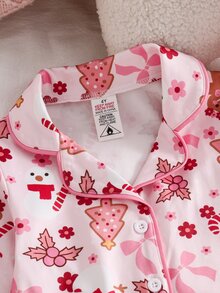 Young Autumn/Winter Girl Christmas Pajamas Tree Gingerbread Man Bow 2pcs Knitted Button-Down Long Sleeve Pants Allover Print Flame Resistant Set - Pink - View 5