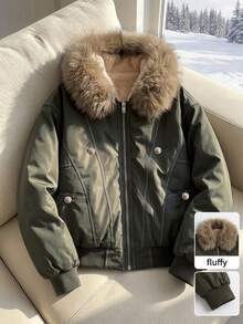 DAZY Women's Loose Street Casual Padded Coat With Fur Lining And Hooded Fur Collar Fall Jacket - Olive Green - View 5