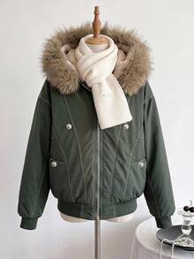 DAZY Women's Loose Street Casual Padded Coat With Fur Lining And Hooded Fur Collar Fall Jacket - Olive Green - View 3