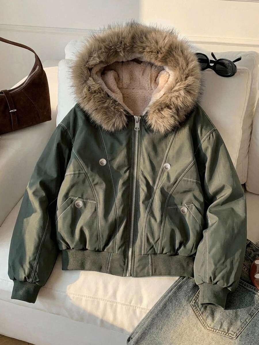 DAZY Women's Loose Street Casual Padded Coat With Fur Lining And Hooded Fur Collar Fall Jacket - Olive Green - View 1