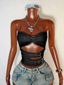 Zolique Women's Solid Color Keyhole Cutout Sexy Bandeau Top - Black - View 7