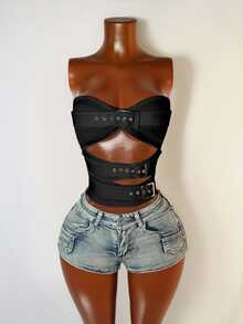 Zolique Women's Solid Color Keyhole Cutout Sexy Bandeau Top - Black - View 6