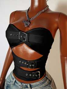 Zolique Women's Solid Color Keyhole Cutout Sexy Bandeau Top - Black - View 3