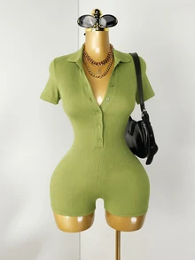 Zolique Green Plain Rib Knit Short Unitard With Collar And Short Sleeves For Women - Green - View 3