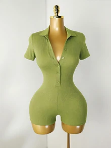 Zolique Green Plain Rib Knit Short Unitard With Collar And Short Sleeves For Women - Green - View 6