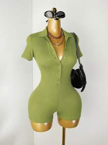 Zolique Green Plain Rib Knit Short Unitard With Collar And Short Sleeves For Women - Green - View 4