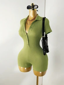 Zolique Green Plain Rib Knit Short Unitard With Collar And Short Sleeves For Women - Green - View 5