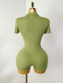 Zolique Green Plain Rib Knit Short Unitard With Collar And Short Sleeves For Women - Green - View 2