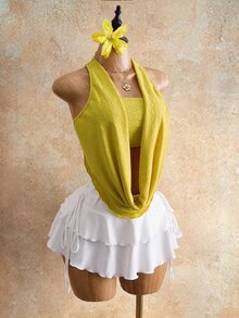 Zolique Women's Pastal Summer Sexy Chic Holiday Vacation Halter Neck Top,Ruched Texture Fabric,Draped Front Open Back Built-In Cami Cropped Golf - Yellow - View 4