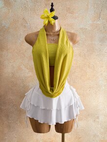 Zolique Women's Pastal Summer Sexy Chic Holiday Vacation Halter Neck Top,Ruched Texture Fabric,Draped Front Open Back Built-In Cami Cropped Golf - Yellow - View 8