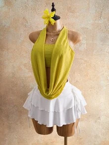 Zolique Women's Pastal Summer Sexy Chic Holiday Vacation Halter Neck Top,Ruched Texture Fabric,Draped Front Open Back Built-In Cami Cropped Golf - Yellow - View 7