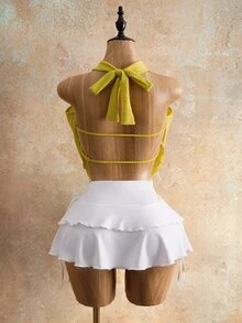Zolique Women's Pastal Summer Sexy Chic Holiday Vacation Halter Neck Top,Ruched Texture Fabric,Draped Front Open Back Built-In Cami Cropped Golf - Yellow - View 6