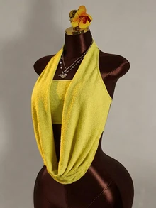 Zolique Women's Pastal Summer Sexy Chic Holiday Vacation Halter Neck Top,Ruched Texture Fabric,Draped Front Open Back Built-In Cami Cropped Golf - Yellow - View 3