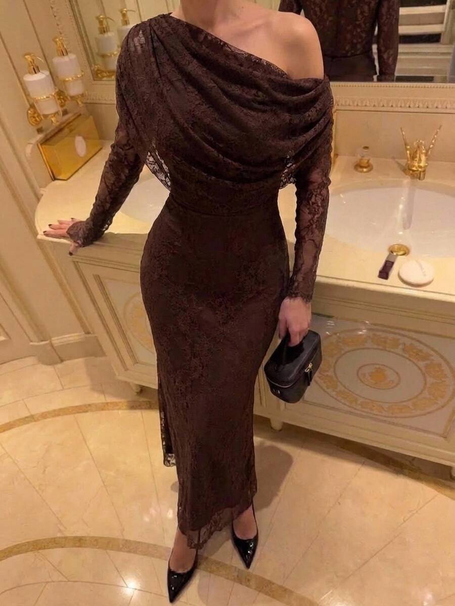 Aloruh Women's Fall/ Winter Lace Cowl Neck Fitted Mermaid Dress Party Night Brown Elegant Wedding Guest Dress Party Dress
