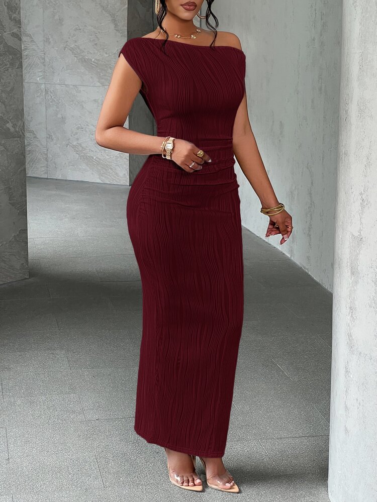 Slaydiva Elegant Burgundy Autumn Night Out Women's Dress,Oblique Shoulder Off-Shoulder Front Pleated Slim Long Dress Wavy Texture Knitted Fabric Party Dress - Burgundy - View 6