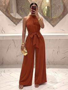 Slaydiva Green High Collar Slit Pocket Wide Leg Jumpsuit - E - Brown - View 1