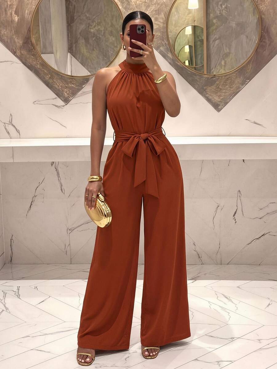 Slaydiva Green High Collar Slit Pocket Wide Leg Jumpsuit - E - Brown - View 1