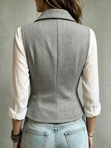 SHEIN Women's Fashion Elegant V-Neck Wool Blend Sleeveless Jacket Autumn - Coffee Brown - View 3
