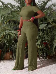Slaydiva Women's Olive Green Summer Casual Vacation Holiday Ribbed Knit Two Piece Set,Round Neck Short-Sleeved Truncated T-Shirt & Wide-Leg Long Pants Outfit - Army Green - View 8