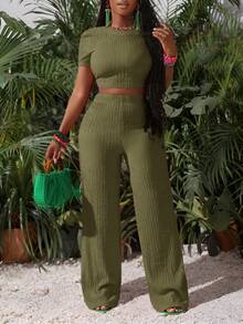 Slaydiva Women's Olive Green Summer Casual Vacation Holiday Ribbed Knit Two Piece Set,Round Neck Short-Sleeved Truncated T-Shirt & Wide-Leg Long Pants Outfit - Army Green - View 4