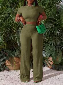 Slaydiva Women's Olive Green Summer Casual Vacation Holiday Ribbed Knit Two Piece Set,Round Neck Short-Sleeved Truncated T-Shirt & Wide-Leg Long Pants Outfit - Army Green - View 5
