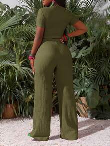 Slaydiva Women's Olive Green Summer Casual Vacation Holiday Ribbed Knit Two Piece Set,Round Neck Short-Sleeved Truncated T-Shirt & Wide-Leg Long Pants Outfit - Army Green - View 3