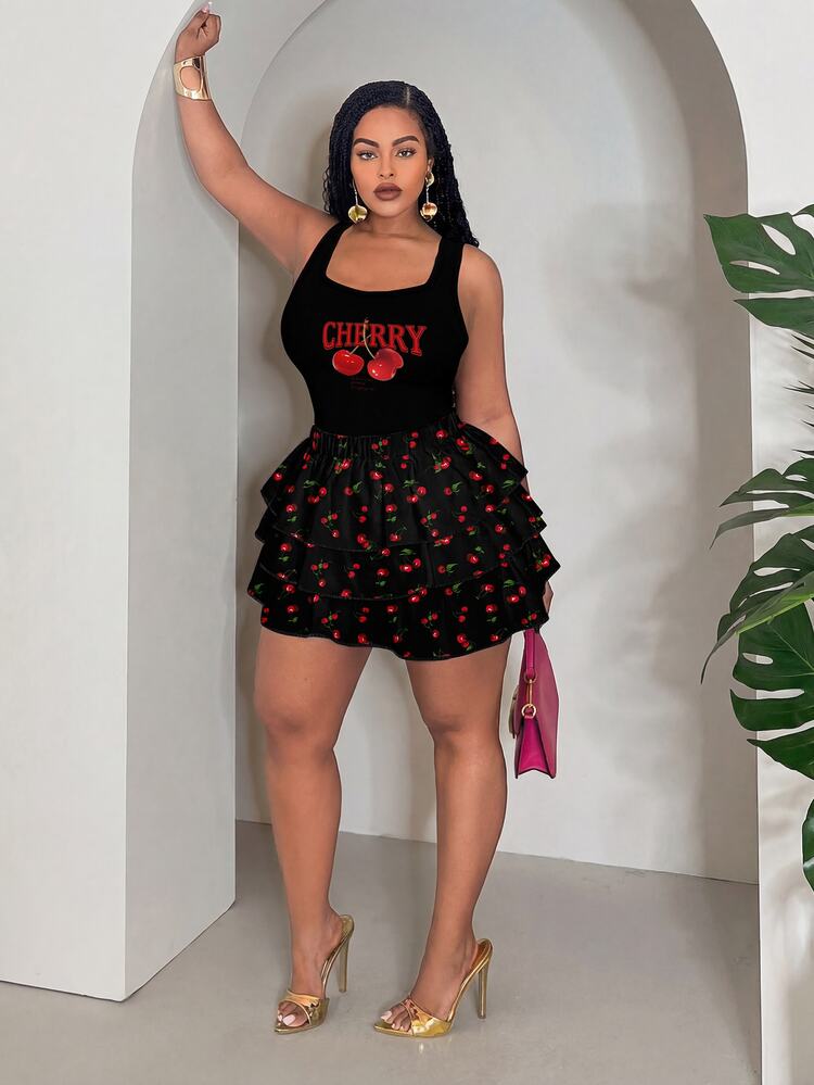 Veslaya Women's Plus Size Black And Red Cherry Graphic Print 2pcs Set,Cute Summer Everyday Slim Cropped Tank Top And Loose Layered Ruffle Trim Shorts Outfit - Multicolor - View 5