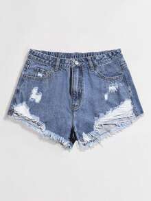 Flirla Plus Size Ladies' Casual Denim Shorts With Distressed Pockets And Frayed Hem Y2k,Summer - Medium Wash - View 2