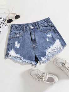 Flirla Plus Size Ladies' Casual Denim Shorts With Distressed Pockets And Frayed Hem Y2k,Summer - Medium Wash - View 1