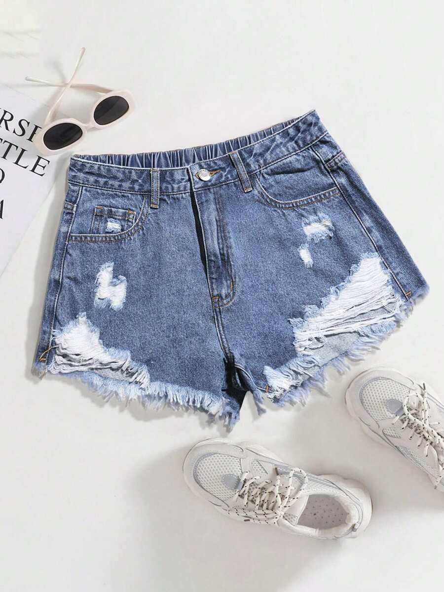 Flirla Plus Size Ladies' Casual Denim Shorts With Distressed Pockets And Frayed Hem Y2k,Summer - Medium Wash - View 1