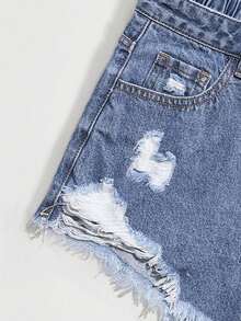 Flirla Plus Size Ladies' Casual Denim Shorts With Distressed Pockets And Frayed Hem Y2k,Summer - Medium Wash - View 4