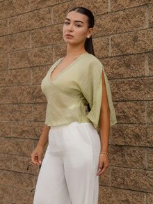 Andrea Bello 波西米亚风V领收腰刺绣开衩袖舒适亲肤女式衬衫 - 綠色 - 查看 6