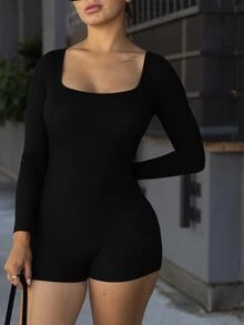 Andrea Bello Women'S Square Neck Unitard Romper ,Petite Women - Black - View 3