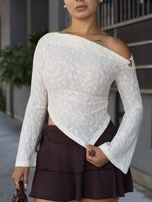 Andrea Bello Sexy Asymmetric Hem Textured Fabric Casual Top - Apricot - View 3