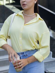 Andrea Bello Women's Solid Color Long Sleeve Single-Breasted Casual Shirt - Yellow - View 4