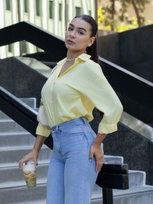 Andrea Bello Women's Solid Color Long Sleeve Single-Breasted Casual Shirt - Yellow - View 5